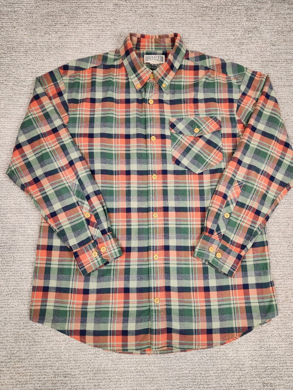 Duluth Trading Co Flannel Shirt Men L Long Sleeve Button Plaid Orange Navy Green
